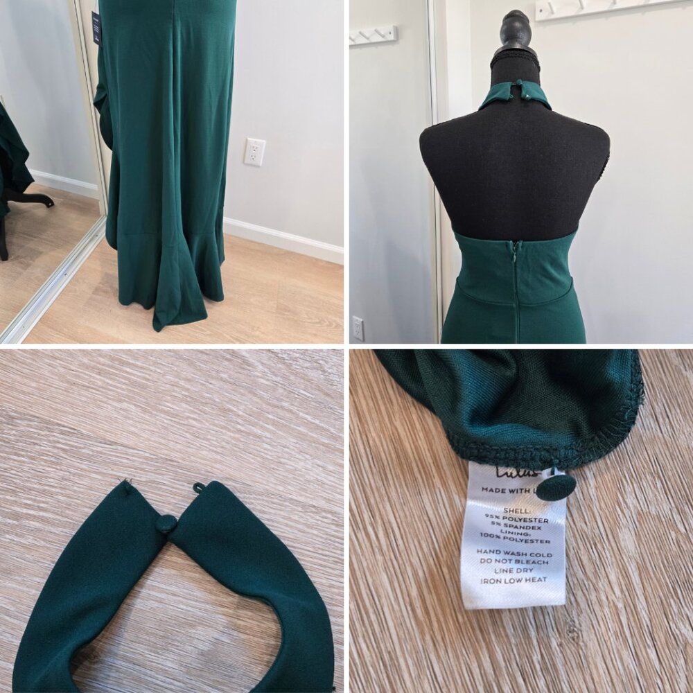 Lulus Ruffled Halter Maxi Dress Emerald Green Small Flaw Pearl New With Tags $99 - Picture 11 of 16